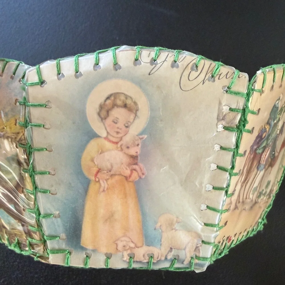 Vtg Homemade Christmas Card Bowl Green Handmade Mid Century Santa
